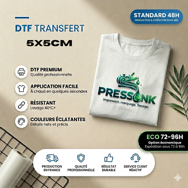 TRANSFERT DTF Étiquette - 5X5CM - Production Standard 48h