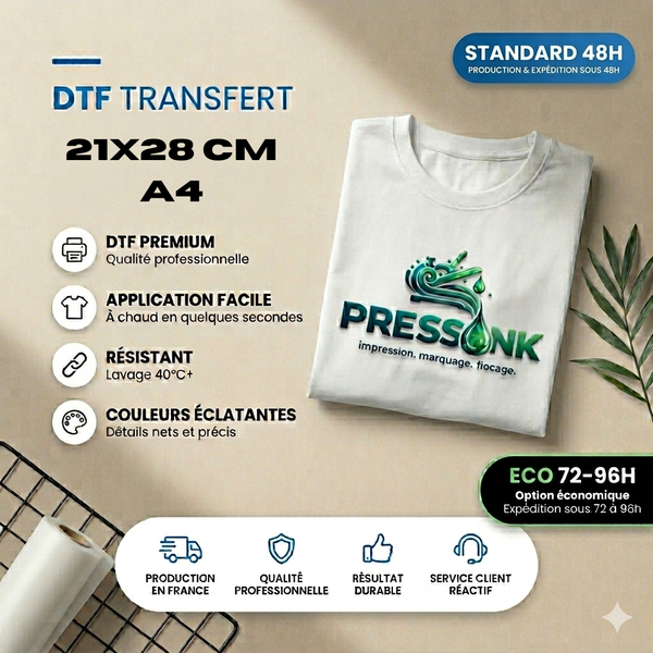 TRANSFERT DTF A4 - 21X28CM - Production Standard 48h