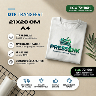 TRANSFERT DTF A4 - 21X28CM - Production Économique 96h