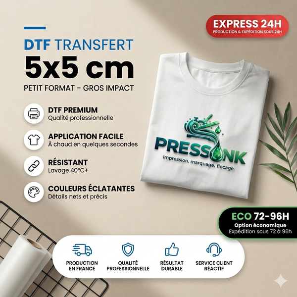 TRANSFERT DTF Étiquette - 5X5CM - Production Express 24h