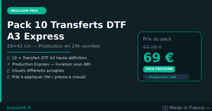 Pack 10 Transferts DTF A3 Express — Production 24h