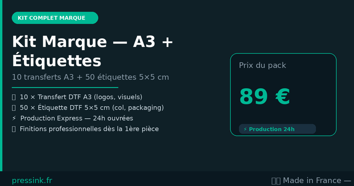 Kit Marque Complète — 10 A3 + 50 Étiquettes DTF Express